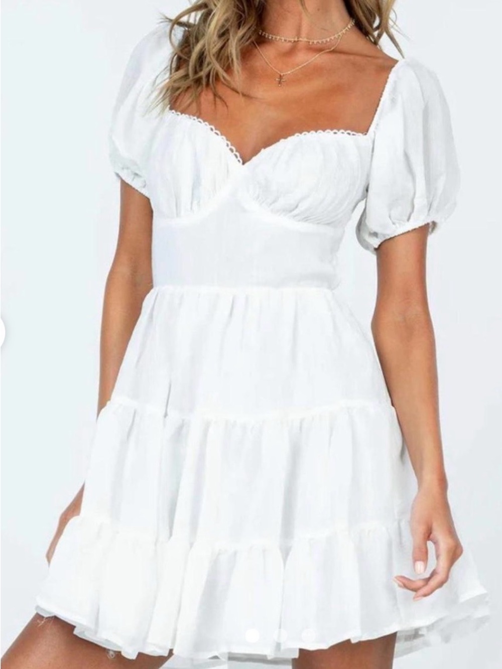 Princess Polly White Puff Sleeve Tiered Mini Dress